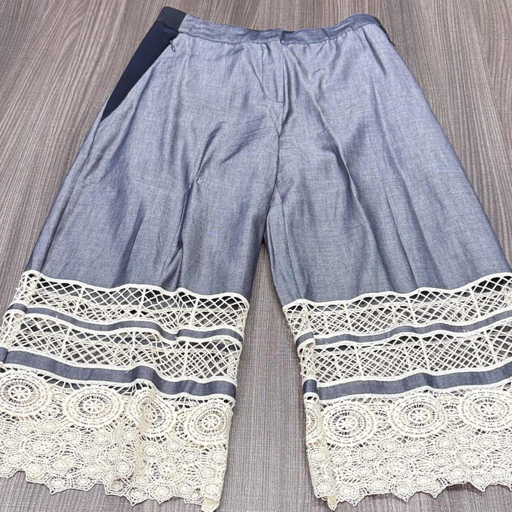 Elie Tahari Blue Wide-Leg Pants with Cream Lace